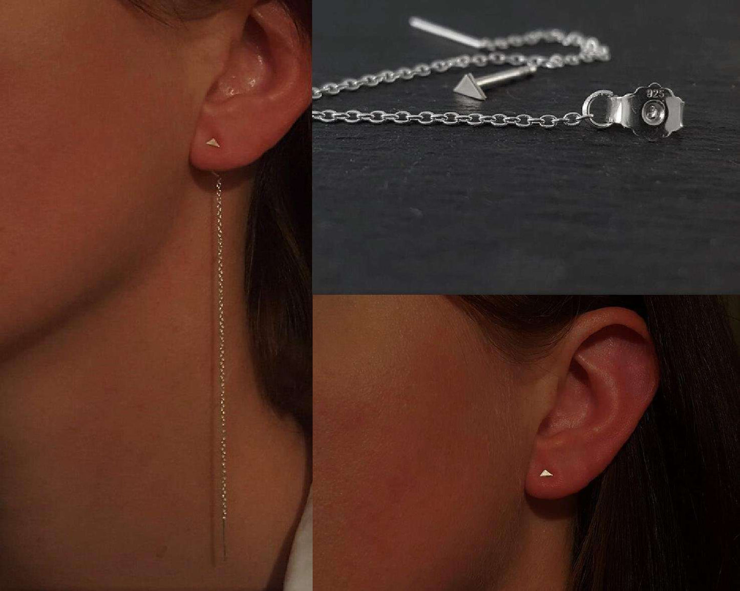 Lange Kjede Øredobber med Små Trekant Studs - 2 i 1 Ørepynt