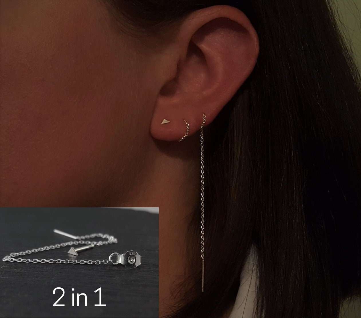 Lange Kjede Øredobber med Små Trekant Studs - 2 i 1 Ørepynt