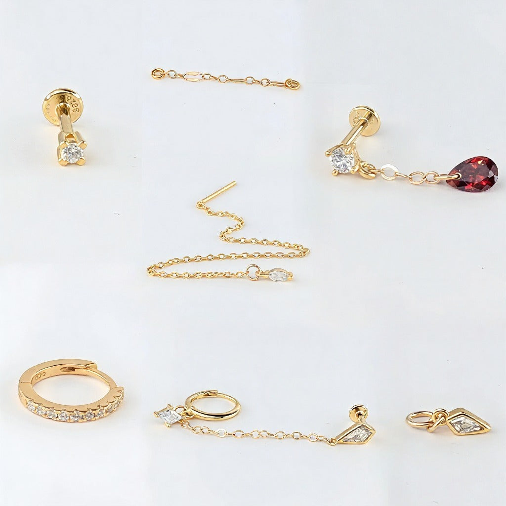 Gold earrings with chains and stones, tiny earring hoop, threader, flatback