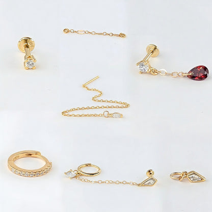 Gold earrings with chains and stones, tiny earring hoop, threader, flatback