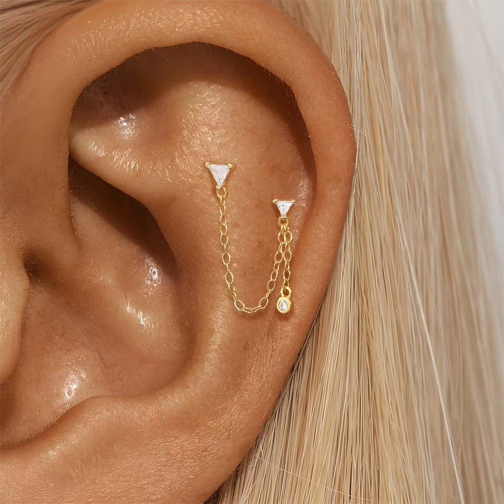 Gold double chain connected stud earrings with flatback labret piercing