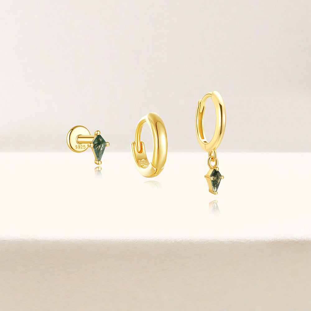 Øredobber gull - Hoop øredobber med grønn stein - Moss agate øreringer gull dame - Ørepynt - gull øredobber ringer