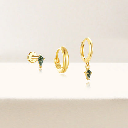 Øredobber gull - Hoop øredobber med grønn stein - Moss agate øreringer gull dame - Ørepynt - gull øredobber ringer