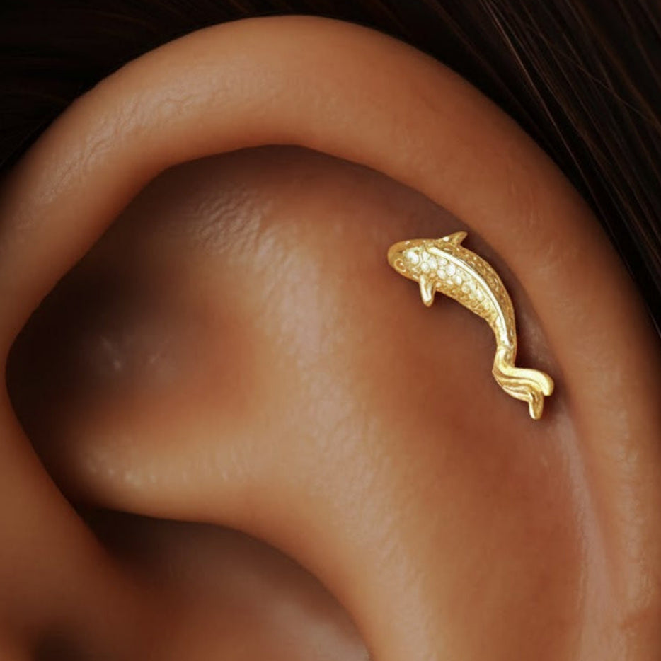 fish flatback stud labret in gold