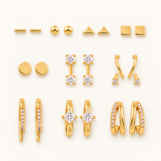 samlet alle øredobbene - gold earrings 10 pairs, studs and hoops, nickel free