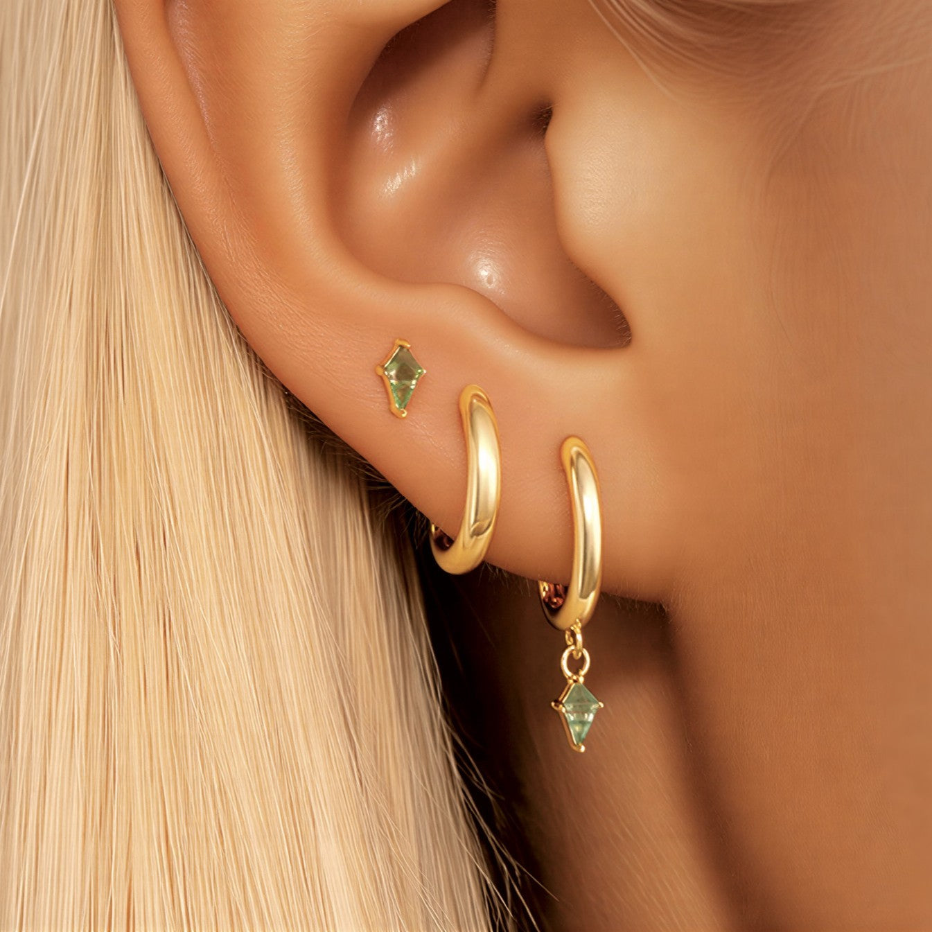 Øredobber gull - Hoop øredobber med grønn stein - Moss agate øreringer gull dame - Ørepynt - gull øredobber ringer