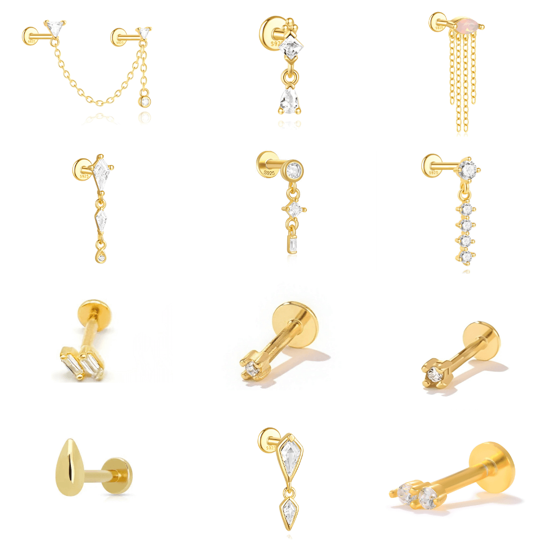 gull øredobber med flat bak del man kan sove me, øredobber med skru bakdel