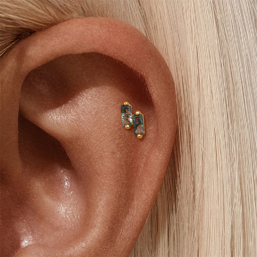 Cartilage helix earring in gold with moss agate stones