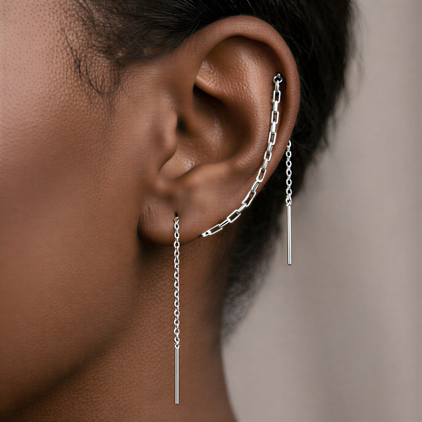 Dobbel Piercing Kjedeøredobber i Gull og Sølv – Nikkelfrie Helix til Lobe, Threader for To Hull - Lange Hengende Øredobber