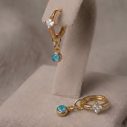 14K Gullbelagt Sølv Øreringer med Blå Opal & Hvit Stein – Hoop Øredobber (Par)