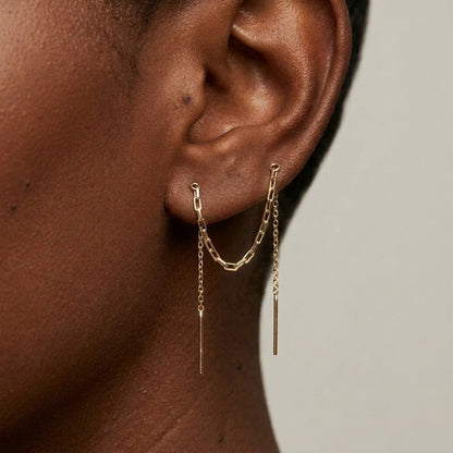 Dobbel Piercing Kjedeøredobber i Gull og Sølv – Nikkelfrie Helix til Lobe, Threader for To Hull - Lange Hengende Øredobber