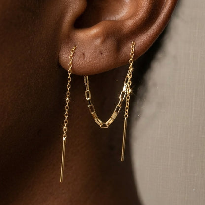 Dobbel Piercing Kjedeøredobber i Gull og Sølv – Nikkelfrie Helix til Lobe, Threader for To Hull - Lange Hengende Øredobber