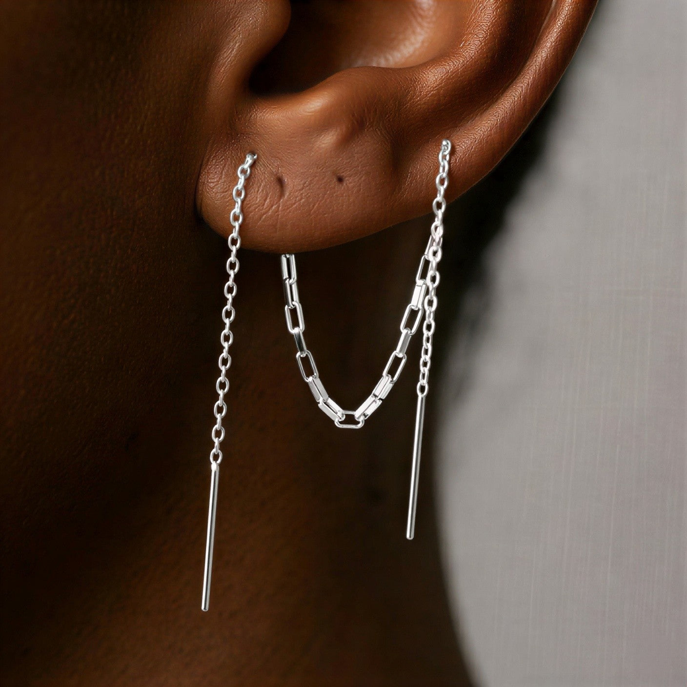 Dobbel Piercing Kjedeøredobber i Gull og Sølv – Nikkelfrie Helix til Lobe, Threader for To Hull - Lange Hengende Øredobber